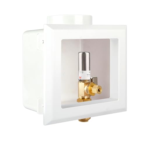 Ice Maker Outlet Box with Center Drain 1/2 Push-Fit Inlet x 1/4 OD Compression Outlet Connection with 1/4-turn Shut-Off Ball Valve and and Stainless Steel Water Hammer Arrestor for Drinking Water