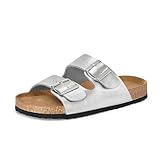 mysoft Womens Flat Sandals Cork Footbed Slides 2 Straps Adjustable Buckle Slip On Summer with +Comfort Shoes