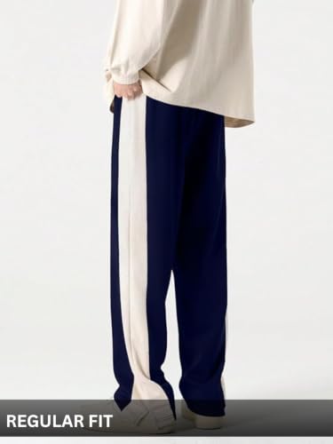 Image of GRECIILOOKS Trouser for Men | Man Relaxed Fit Trousers Twill Track Style | Straight Fit Wide Leg Trousers for Mens with Drawstring Waist | Korean Casual Travel Streetwear Pants