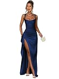 YMeiPaodw Women's Navy Blue Satin Ruffle Prom Dress Long Spaghetti Strap Open Back Evening Party Gowns Mermaid Formal Dress with Slit Size 6