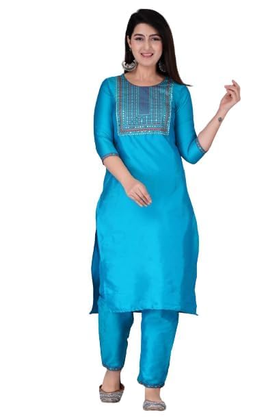 Image of Silk Turquoise Straight Women's Stitched Salwar Suit