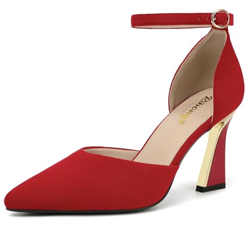 Image of RIBONGZ Comfortable Kitten Heels for Women Pointed Closed Toe Ankle Strap Buckle Heels Slip on Low Heel Church Pumps Wedding Bridal Party Dressy Shoes