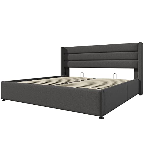 Kayan Stauraumbett Polsterbett Hydraulisch Doppelbett 180x200cm, Lattenrost aus Holz, Bett mit Lattenrost aus Metallrahmen, Leinen (Grau, 180x200cm)