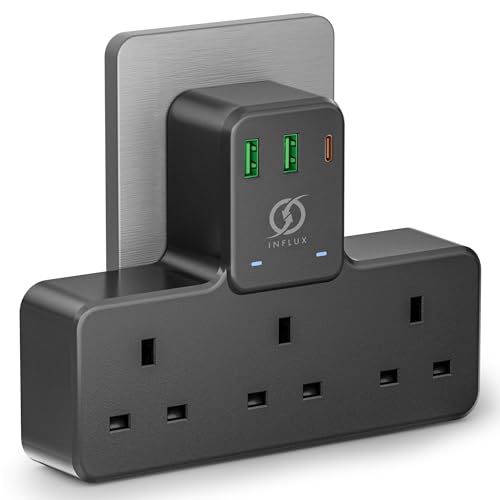 INFLUX Multi Plug Extension Socket 3 Way Electrical Outlet Extender with Fast Charging Ports Universal Plug Adapter Extension Cord Power Strip with 3 AC Outlets Individually Switched