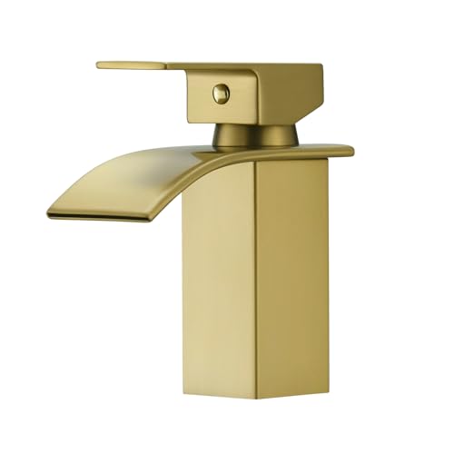 BESy Bec Cascade Robinet Salle de Bains, Mitigeur Lavabo à Une Poignée, Robinet Lavabo RV, Acier Inoxydable, Finition Dorée Brossée