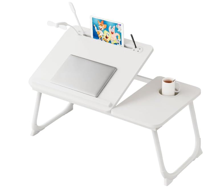 Image of Foldable Laptop Bed Table, White, Adjustable Tilt Top with Cup Holder and Tablet Stand, Portable Lap Desk