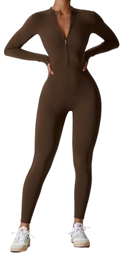 Belriviere Combinaison d'entraînement à manches longues pour femme avec fermeture éclair et bas - Body moulant - Tenue athlétique sexy une pièce, café, L