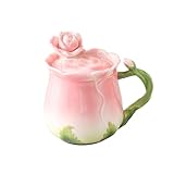 Philo Fun 3D Pink Rose Ceramic Mug with Lid - 13.5oz Hand-Painted Porcelain Tea Cup Gift for Women