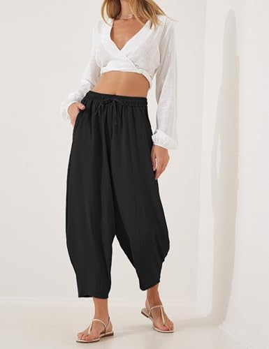 Lviefent Women Wide Leg Capri Pants Casual Elastic Waist Cropped Beach Palazzo Barrel Pants with Pockets4