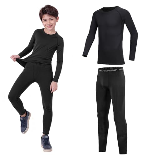 Ensemble de sous-vêtements Thermiques garçons Fiorios, Haut à Manches Longues et Leggings doublés en Polaire pour Le Football, Le Ski (Ensemble 2 pièces Black Line, 10-11 Ans ; Taille 28)
