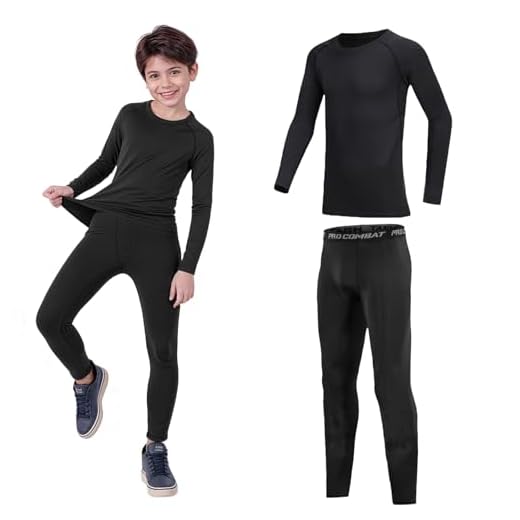 Ensemble de sous-vêtements Thermiques garçons Fiorios, Haut à Manches Longues et Leggings doublés en Polaire pour Le Football, Le Ski (Ensemble 2 pièces Black Line, 4-5 Ans ; Taille 22)