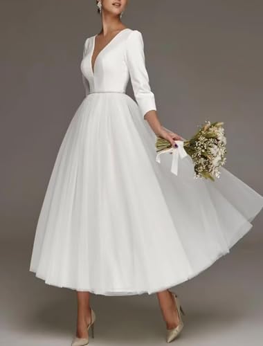 White Tea Length Satin Wedding Dress With Sleeves, Tulle Sexy V Neck A Line Knee Length Bride Wedding Dress Us10 #TOP1