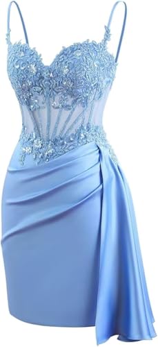 Satin Sequin Homecoming Dresses for Teens Spaghetti Straps Lace Applique Corset Short Prom Dress Tight Cocktail Party Gown2