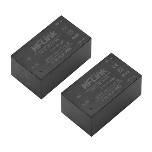 Tensione di ingresso nominale: AC 100-240 V, 0,1 A, 50-60 Hz. * Ingresso a piena tensione (90 ~ 264 V AC). Uscita: 5 V DC, 0,6 A. P/N: HLK-PM01, 3 W.