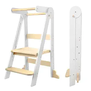 Nordi Foldable Toddler Kitchen Tower, Montessori Kitchen Stools Helper, Standing Tower with 3 Adjustable Heights, Suitable Age for 2-6 Years, White