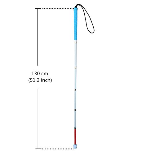 Blindenlangstock,weiße Stock,Faltlangstock mit Kautschukgriff, Kunststoff-Rollspitze, 6-teilig (130cm (51.2inch), Blau Griff)