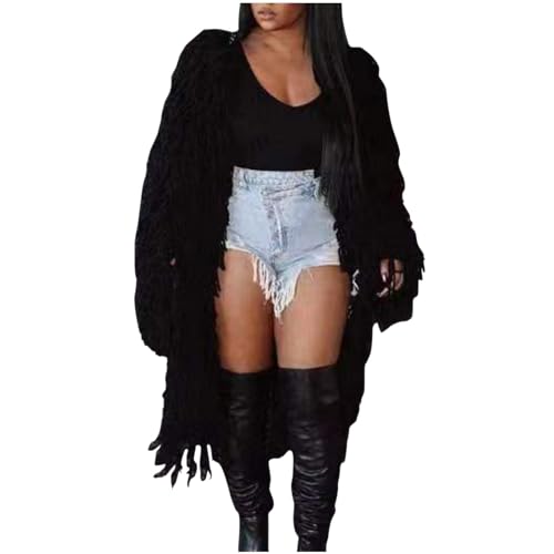 Womens Tassel Cardigan Dress Fashion Solid Color Long Sleeves Crochet Sweater Cardigans Coat Loose Casual Knitwear Black Medium
