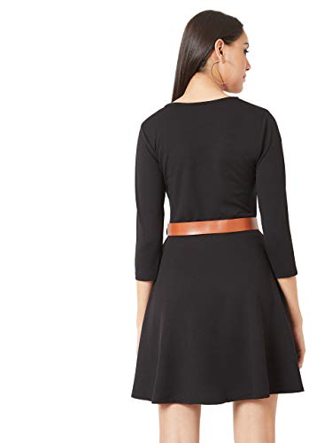 Image of Miss Olive Women's Black Solid Skater Knee-Long Belted Cut-Out Dress