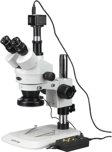 Image of AmScope SM-1TNZ-144A-5M Digital Professional Trinocular Stereo Zoom Microscope, WH10x Eyepieces, 3.5X-90X Magnification, 0.7X-4.5X Zoom Objective, Four-Zone LED Ring Light, Pillar Stand, 110V-240V, Includes 0.5X and 2.0X Barlow Lenses and 5MP Camera with Reduction Lens and Software
