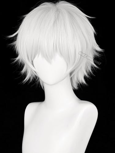 Image of Half and Half Short White Anime Cosplay Wig for Men Silver White Male Wigs with Bangs Synthetic Hair Wigs for Unisex Women Halloween Party Costumes