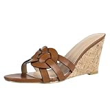Sandalias deslizantes de Mujer en PU marrón con tacón cuña, Zapatos de tacón Antideslizantes de Verano para Playa, Vacaciones, invitadas de Boda y Citas,Marrón,38 EU
