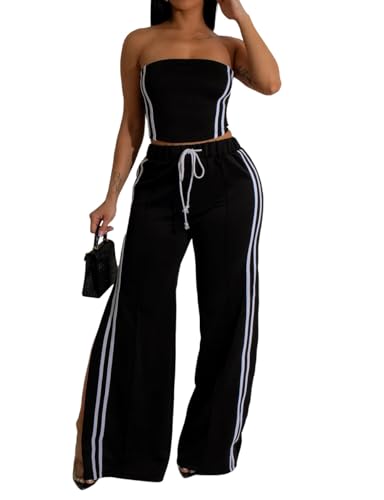 Yuopeid Womens Sexy 2 Piece Outfits Stripe Strapless Crop Tube Tops and High Waist Wide Leg Side Slit Pants Clubwear