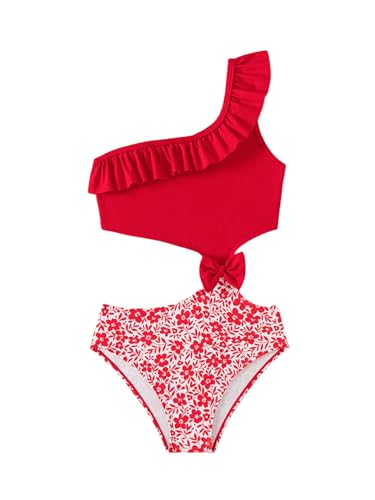 OYOANGLE Girl's Cute One Piece Swimsuit Floral Print One Shoulder Cut Out Ruffle Bathing Suits Swimwear