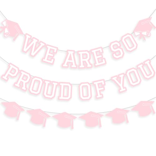 Image of We Are So Proud Of You Banner Graduation Party Decorations Congrats Grad Cap Garlands Wall Sign Pink