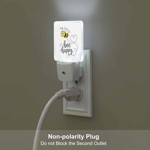 Image of LED Night Light,Bee Happy Funny Text Quote Cute Fat Bee LED Night Light Plug into Wall with Dusk to Dawn Light Sensor White Energy Efficient Nightlight for Bedroom Bathroom Hallway Living Room Kitchen