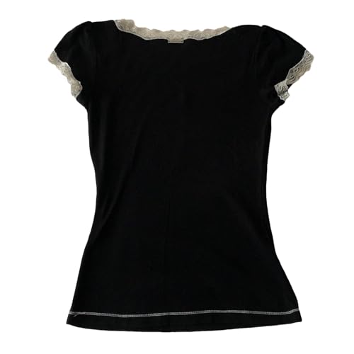 Womens E-Girls Short Sleeve T-Shirt Y2k Lace Trim Crop Tops Crewneck Fairy Grunge Tee Tops Aesthetic Summer Clothes3
