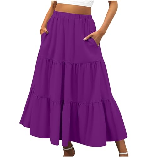 Summer Maxi Skirt for Women Boho Lightweight Flowy Tiered Long Beach Skirts with Pockets, Purple, Large