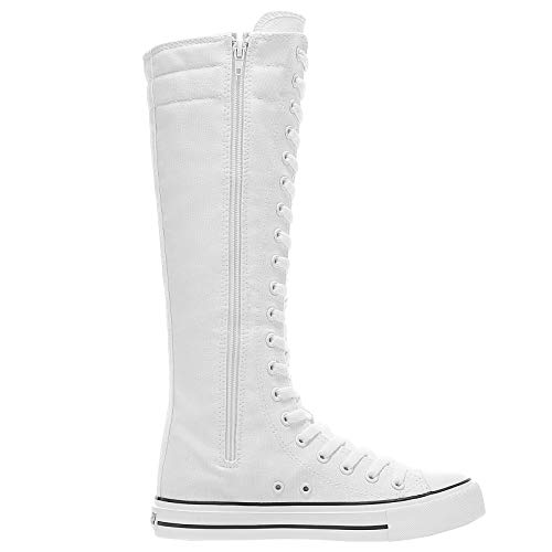 ANUFER Women Fashion Canvas Dance Boots Knee High Bicycling Boots Girls Fancy School Shoes White 905 US73