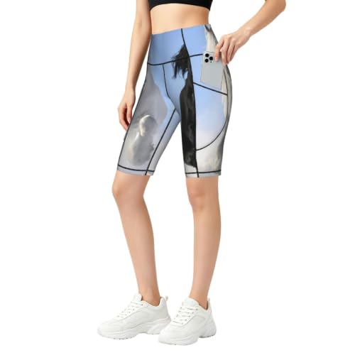 Short de sport taille haute gainant imprimé chevaux avec poches pour running