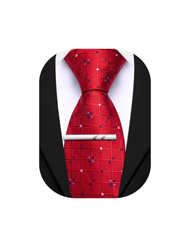Image of Barry.Wang Plaid Ties Mens Silk Necktie and Tie Clip Checkered Tie for Wedding Party Business Formal