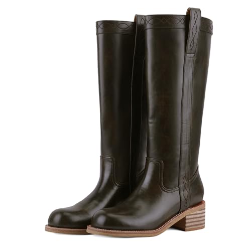 Image of UBWDU Women's Knee High Boots Chunky Block Heel Long Boots Square Toe Low Heel Boots for Women