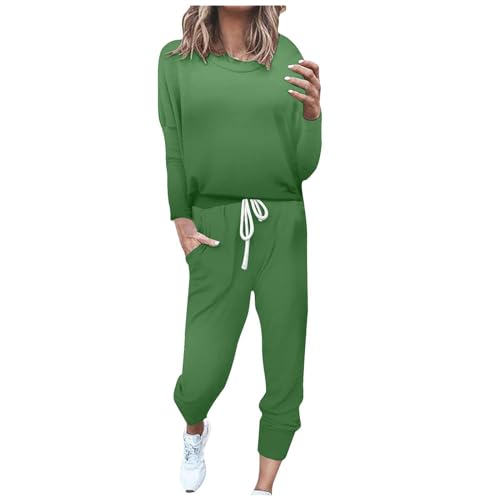 Generisch Streatwear Chándales para mujer de manga larga con cuello redondo monocolor, sudadera y pantalones de chándal con capucha y pantalones de chándal, conjunto de chándal de 2 piezas, C13green