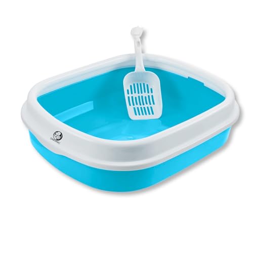 Foodie Puppies Cat Litter Box Rim Tray (Large (SkyBlue) - 46 x 38 x 13 cm) with Free Scooper | Semi Closed Design and Durable Quality | Suitable for All Adult Cats & Kittens