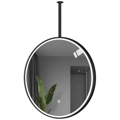 FGXHHS Espejo de tocador Grande Redondo con Marco LED para Montaje en Techo, Ideal para baño o Dormitorio, con Barra metálica para Colgar y regulador de Intensidad de 3 Colores (Negro, di
