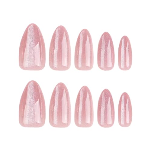 Image of Pink Glitter Press on Nails Shiny Fake Nails Medium Almond False Nails with Design Glossy Glue on Nails Artificial Acrylic Nail Stick on Nails for Women Girls Manicure 24Pcs