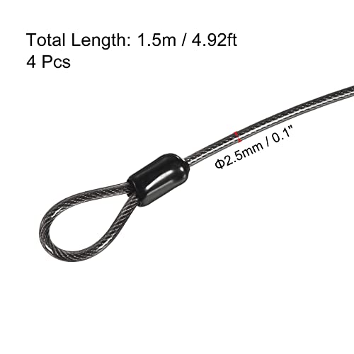PATIKIL Security Steel Cable 2.5mm x 1.5m/4.92ft Coated Luggage Lock Wire Rope with Double Loop Black 4 Pack - Image 2
