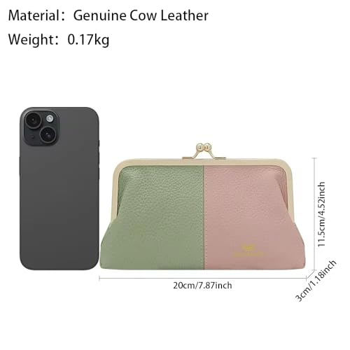 RFID Contrast Women's Clutch Purse, Genuine Cow Leather Wallet with Kiss Lock, Multi-card Slots Card Holder 1868 (Green Pink)4