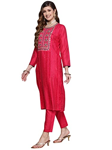Image of ishin Women's Pink Embroidered A-Line Kurta set With Trouser and Dupatta