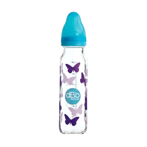 dBb Remond - Biberon Régul'Air Verre - Tétine NN Anticolique Silicone Débit Régulier - Nouveau-né 0-4 Mois - Décor Papillons Turquoise - Résistant Chaleur – Sans BPA - Fabrication Française - 240 ml