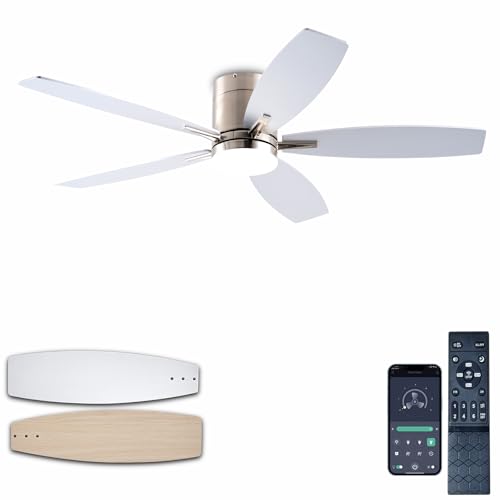 Image of Ayaoty Ceiling Fans with Lights, 52 inch Low Profile Indoor Ceiling Fan with Light and Remote Control, Dimmable, Noiseless, Reversible, Nickel Ceiling Fan for Bedroom, Indoor /Outdoor Use