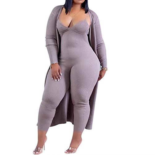 2 Piece Track Suits for Women Set Sexy - Open Front Cardigan Coat Cami Wrap Bodycon Pants Jumpsuit Set Tracksuits 197 Gray 4X