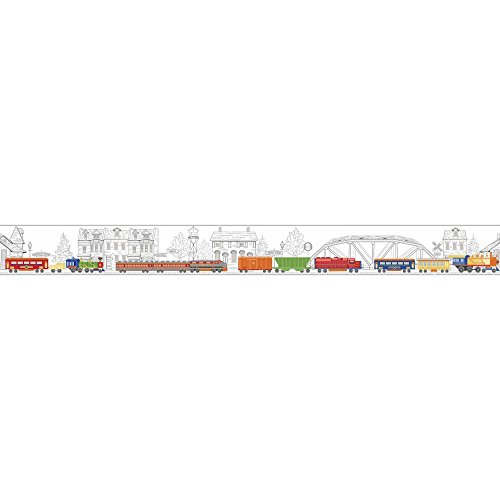York Wallcoverings Growing Up Kids All Aboard! Removable Wallpaper Border White, Yellow, Orange