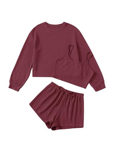 Image of COZYEASE Women's 3 Piece Lounge Sets Ribbed Knit Cami Top Long Sleeve Tee Shirts and Shorts Pajama Sets