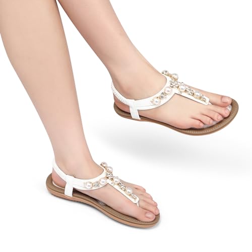 Image of SHIBEVER Flat Sandals for Women Dressy: White Size 8 Summer Comfort Dress Sandals - Comfortable Walking Dressy Slip on Thong Flats Womens Sandal