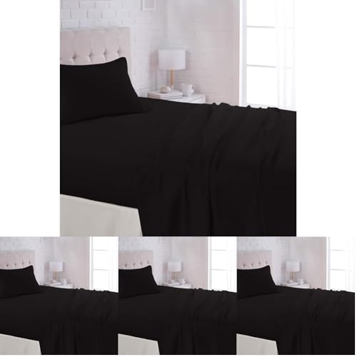 Image of Amazon Basics Lightweight Breathable Super Soft Easy Care Wrinkle Resistant Brushed Microfiber 3 Piece Bed Sheet Set with 14-Inch Deep Pockets, Twin, Black, Solid (Pack of 4)