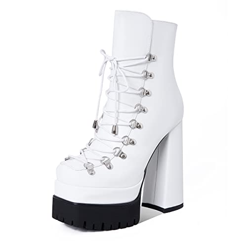 Artrotter Goth Platform Ankle Boots for Women Chunky Block High Heel Booties Lace Up Buckle Combat Boots